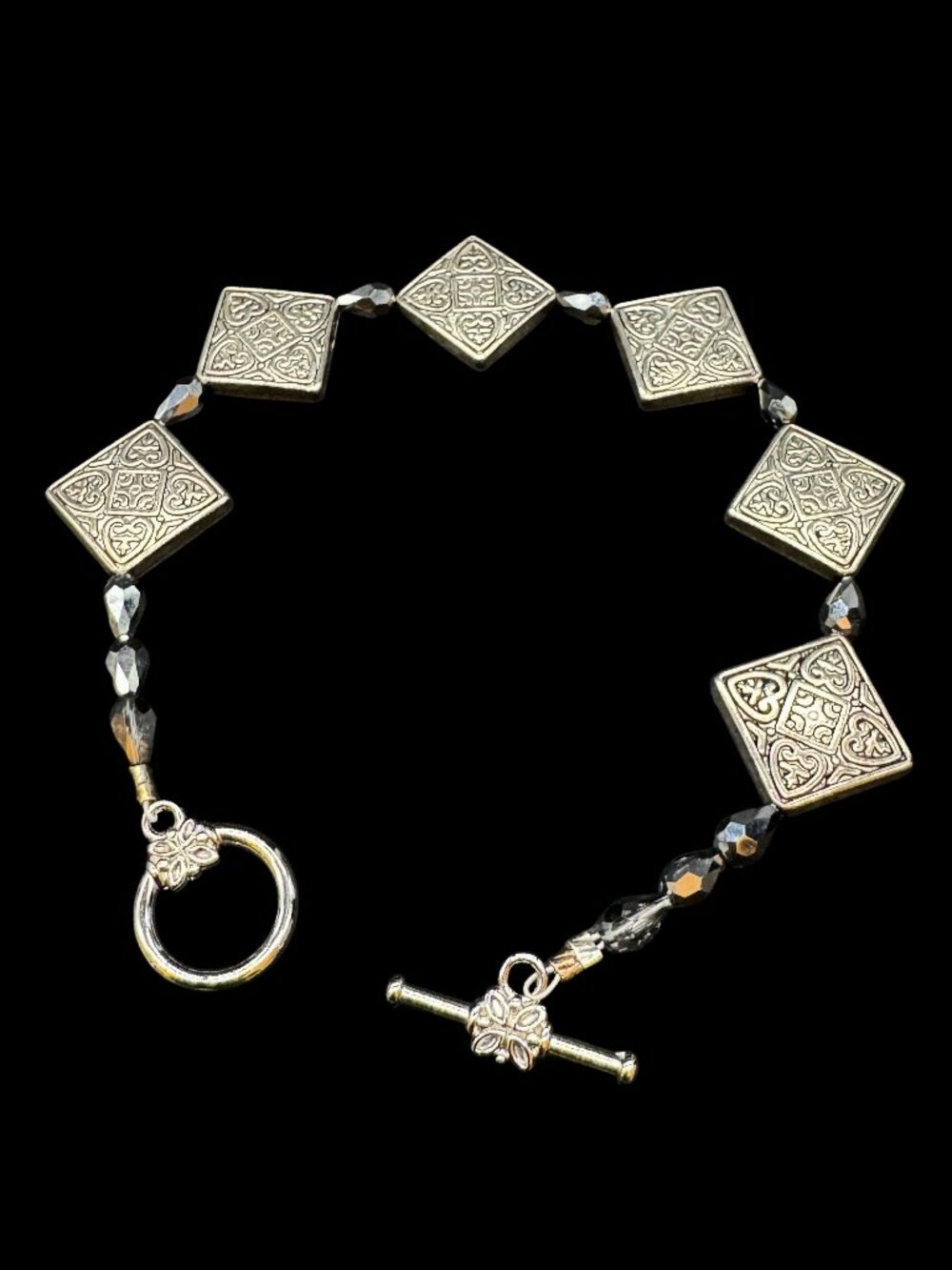 Tibetan Silver Bracelet Geometric Diamond Beads Toggle Clasp Engraving